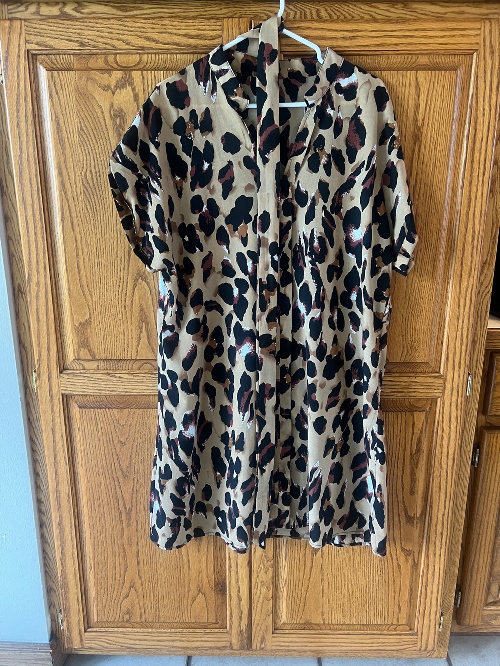 SHEIN Tan Leopard Print Short Sleeve Shirt Dress with Black & Brown Spots